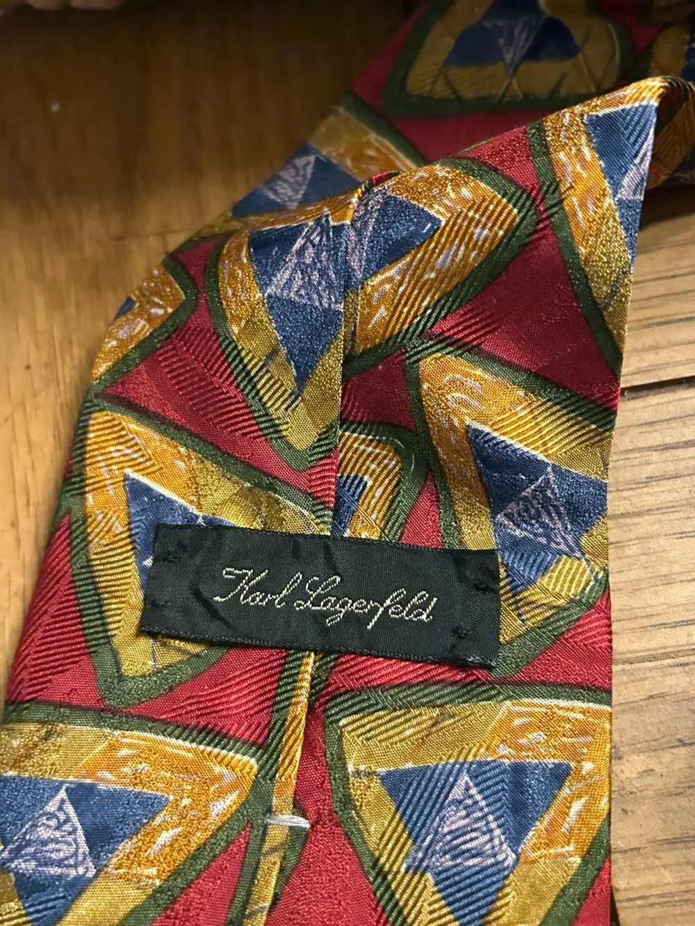 Karl Lagerfeld Red Silk Tie with Blue and Gold Geometric Motif